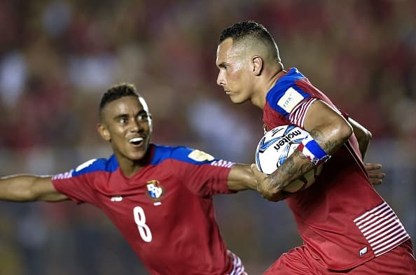 Panama's forward Blas Perez (R) celebrates with teammate Edgar Barcenas after scoring against Honduras during a FIFA World Cup Russia 2018 Concacaf qualifier match in Panama City on June 13, 2017. / AFP PHOTO / Rodrigo ARANGUA (Photo credit should read RODRIGO ARANGUA/AFP/Getty Images)