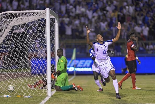 Honduras' Eddie Hernandez celebrates after scoring against Trinidad & Tobago during their 2018 FIFA World Cup qualifier football match in San Pedro Sula, Honduras on November 15, 2016. / AFP / GERARDO MAZARIEGOS (Photo credit should read GERARDO MAZARIEGOS/AFP/Getty Images)