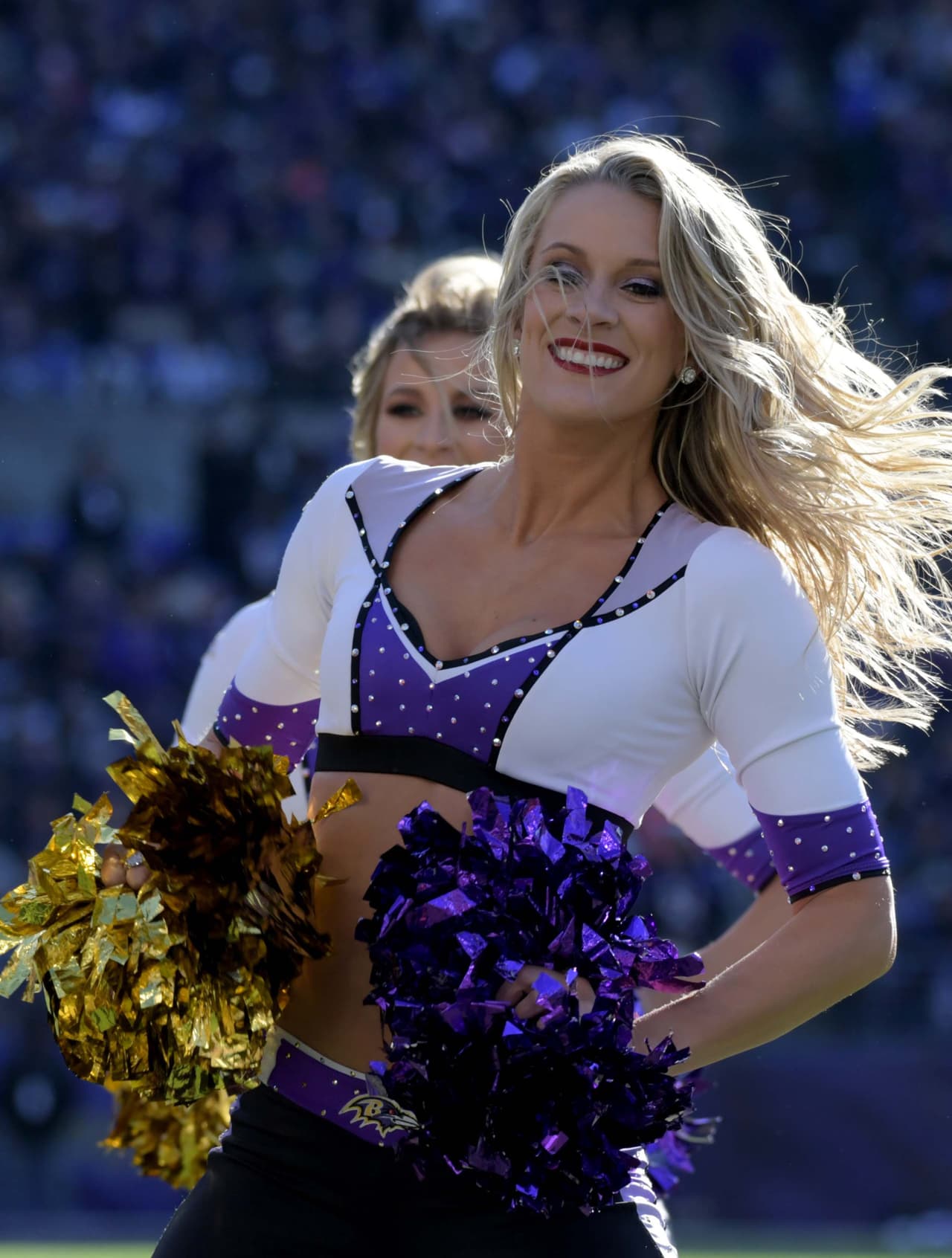 Jan 6, 2019; Baltimore, MD, USA; Baltimore Ravens cheerleader performs against the Los Angeles Chargers during an AFC Wild Card playoff football game at M&T Bank Stadium. Mandatory Credit: Kirby Lee-USA TODAY Sports