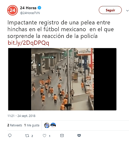 El canal de televisión chileno 
<i>24 Horas</i> publicó en su cuenta de redes sociales la dramática y desesperante situación del momento de la golpiza al aficionado de Tigres.