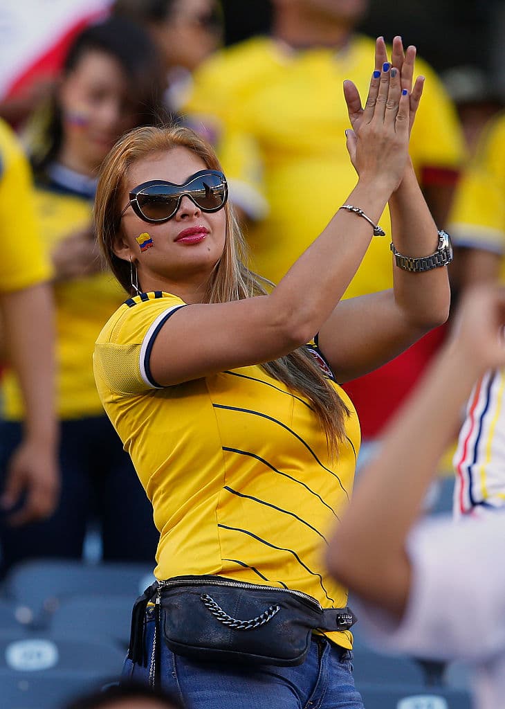 EAST RUTHERFORD, NEW JERSEY - JUNE 17: A fan of Colombia cheers before a Quarterfinal match against Peru at MetLife Stadium as part of Copa America Centenario US 2016 on June 17, 2016 in East Rutherford, New Jersey, US. (Photo by Rich Schultz/LatinContent/Getty Images)