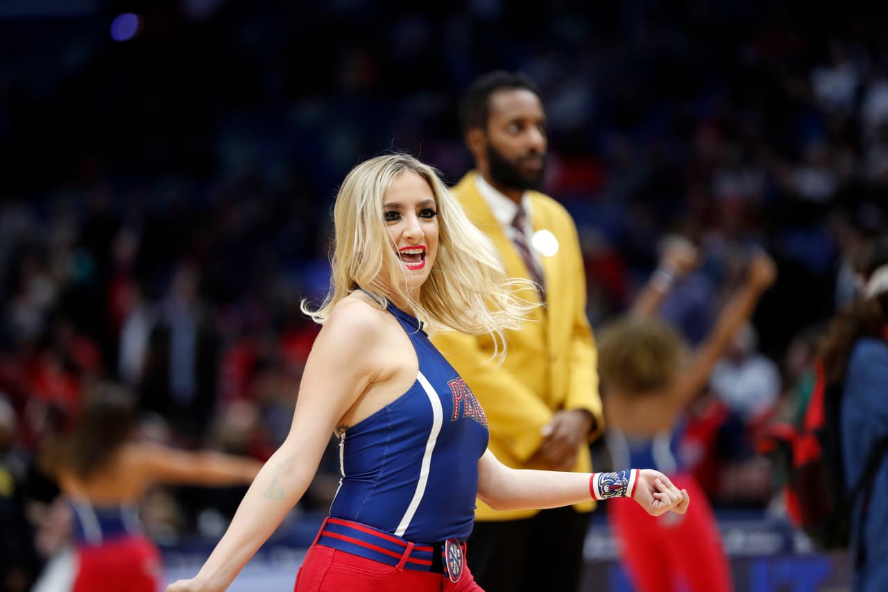 New Orleans Pelicans cheerleaders perform in the second half of an NBA basketball game against the Washington Wizards in New Orleans, Wednesday, Nov. 28, 2018. The Pelicans won 125-104. (AP Photo/Gerald Herbert)