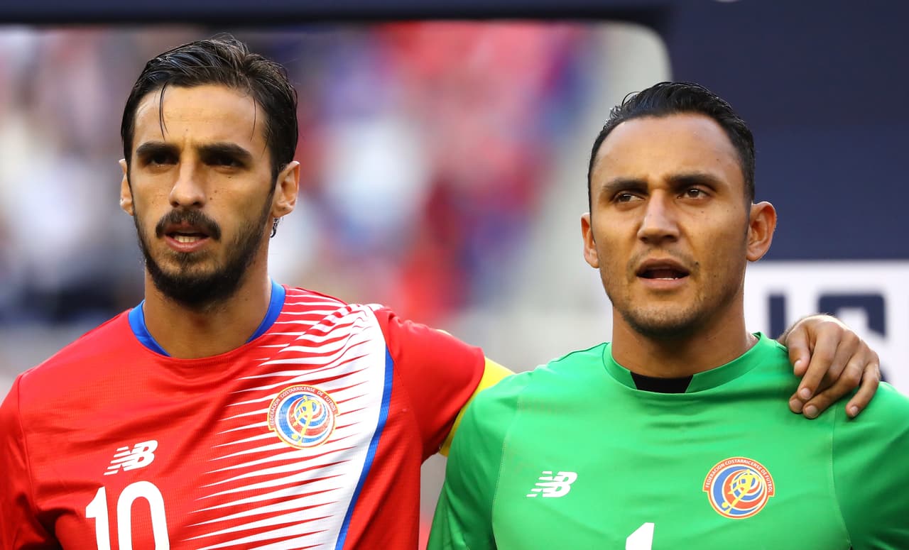 HARRISON, NJ - SEPTEMBER 01: Bryan Ruiz #10 and Keylor Navas #1 of Costa Rica look on during the national anthem before the FIFA 2018 World Cup Qualifier against the United States at Red Bull Arena on September 1, 2017 in Harrison, New Jersey. (Photo by Mike Lawrie/Getty Images)