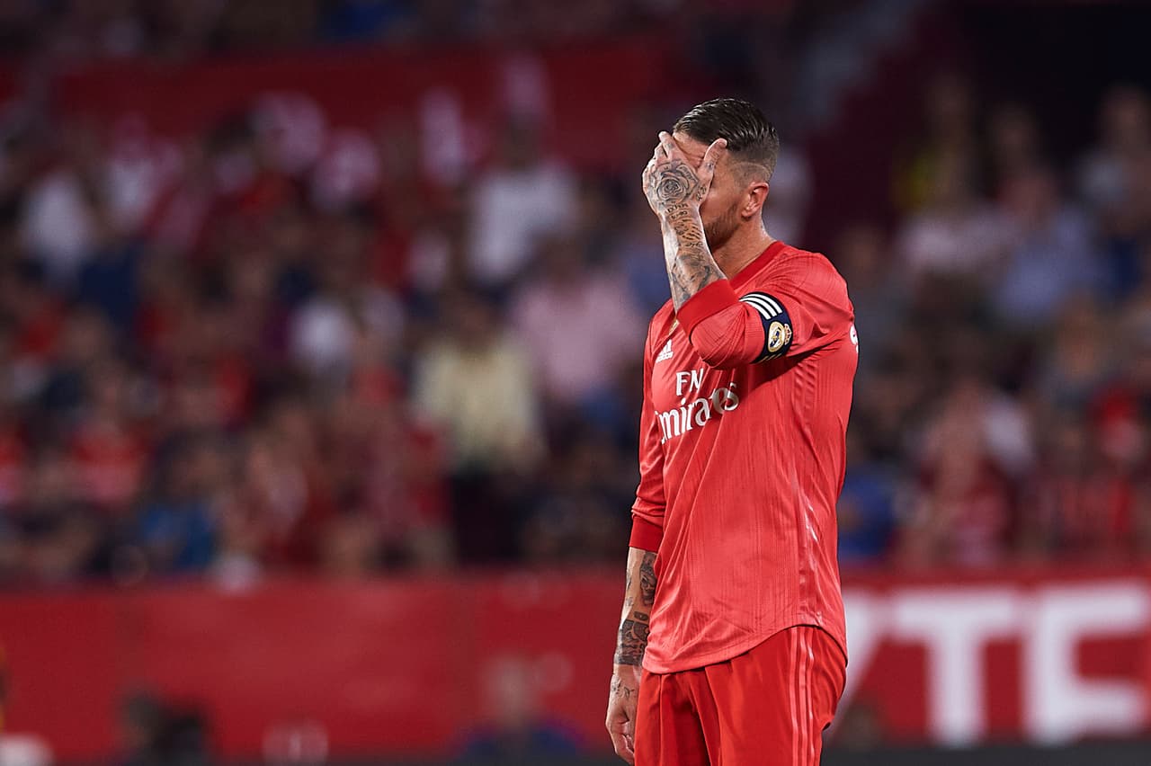SEVILLE, SPAIN - SEPTEMBER 26: Sergio Ramos of Real Madrid CF reacts during the La Liga match between Sevilla FC and Real Madrid CF at Estadio Ramon Sanchez Pizjuan on September 26, 2018 in Seville, Spain. (Photo by Aitor Alcalde/Getty Images)