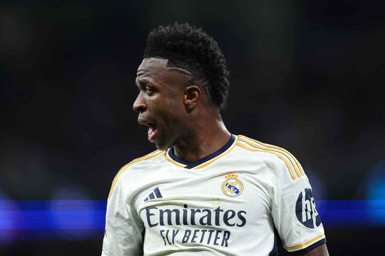 MADRID, SPAIN - MARCH 06: Vinicius Junior of Real Madrid CF reacts during the UEFA Champions League 2023/24 round of 16 second leg match between Real Madrid CF and RB Leipzig at Estadio Santiago Bernabeu on March 06, 2024 in Madrid, Spain. (Photo by Gonzalo Arroyo Moreno/Getty Images)