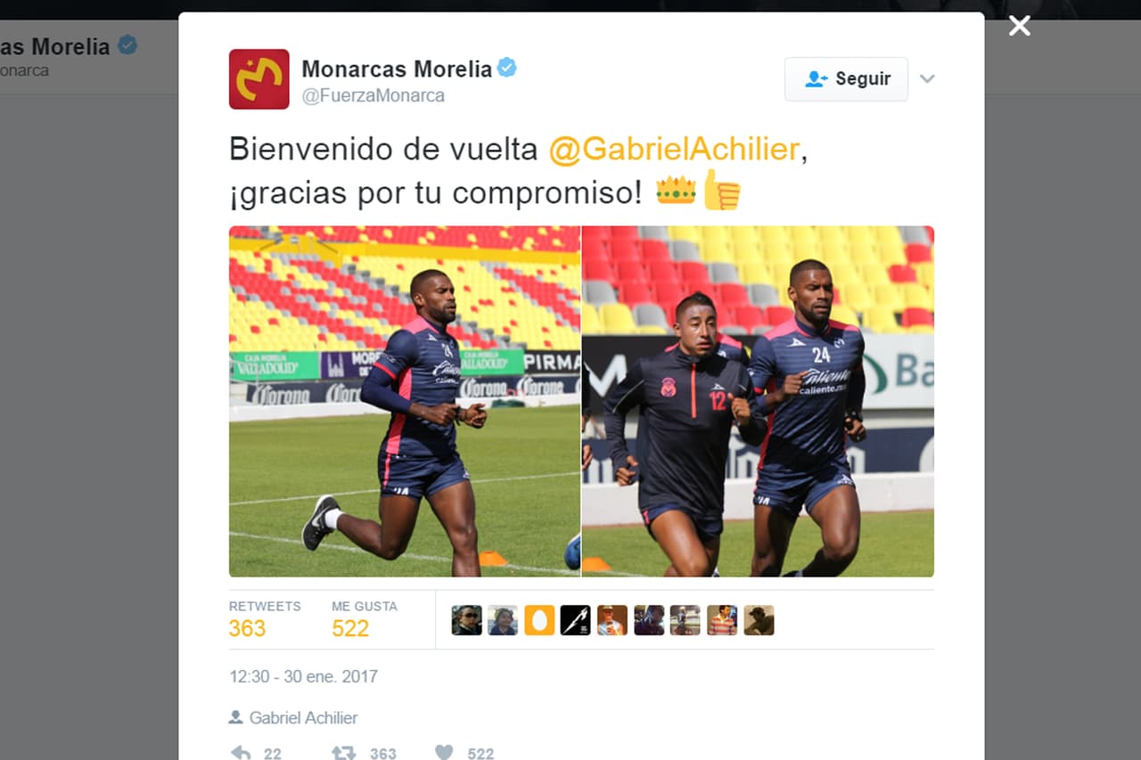 Tras el doloroso momento, Achilier regresó a la disciplina de su club.