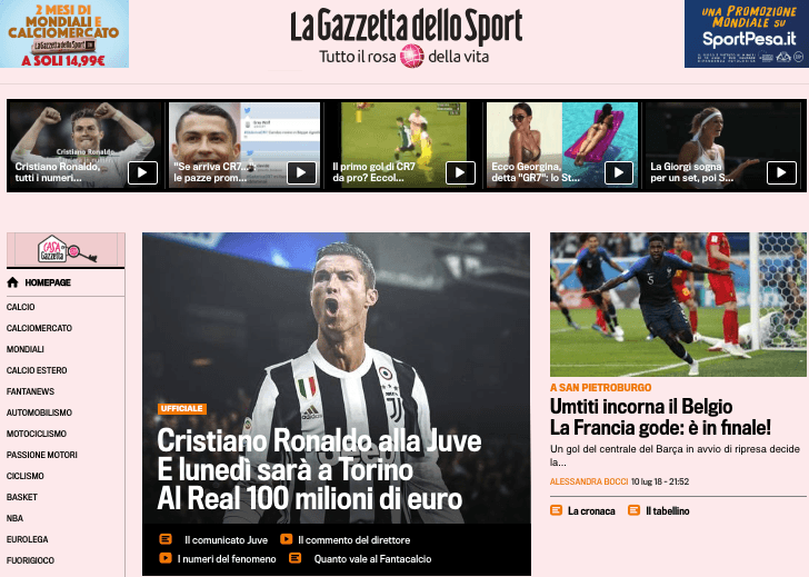 <i>La Gazzetta dello Sport</i>, periódico deportivo de Italia: "Umtiti conduce a Bélgica, Francia disfruta: está en la Final.