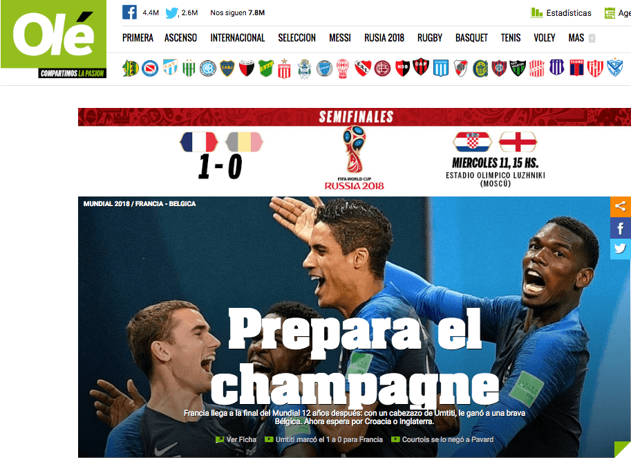 Diario deportivo 
<i>Olé</i>, de Argentina, hace referencia a una bebida espirituosa típica de Francia que se asocia con el triunfo.