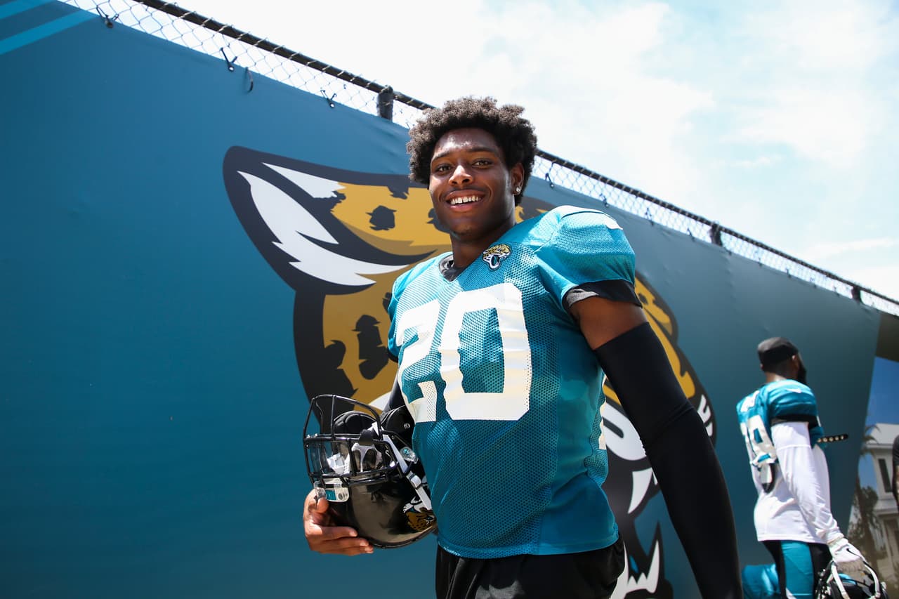 Jacksonville Jaguars cornerback Jalen Ramsey (20) reacts after a NFL football training camp, Wednesday, Aug. 1st, 2018 in Jacksonville, Fla. (Logan Bowles via AP Images)