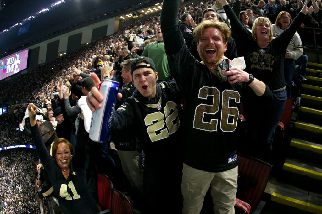 NEW ORLEANS, LOUISIANA - JANUARY 20: New Orleans Saints fans cheer during the first quarter in the NFC Championship game at the Mercedes-Benz Superdome on January 20, 2019 in New Orleans, Louisiana. (Photo by Jonathan Bachman/Getty Images)