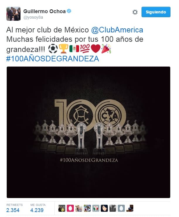 América cumple 100 años de existencia, por lo que diferentes equipos y personajes del medio futbolístico felicitaron a la institución. 
<br>
