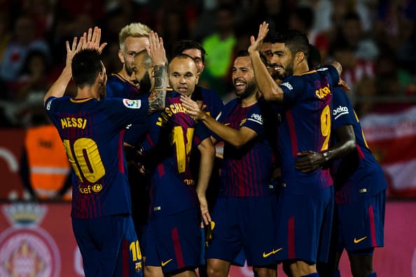 Jordi Alba from Spain of FC Barcelona celebrating his goal with his team mates during the La Liga match between Girona FC v FC Barcelona at Montilivi Stadium on September 23, 2017 in Girona, Spain. (Photo by Xavier Bonilla/NurPhoto via Getty Images)