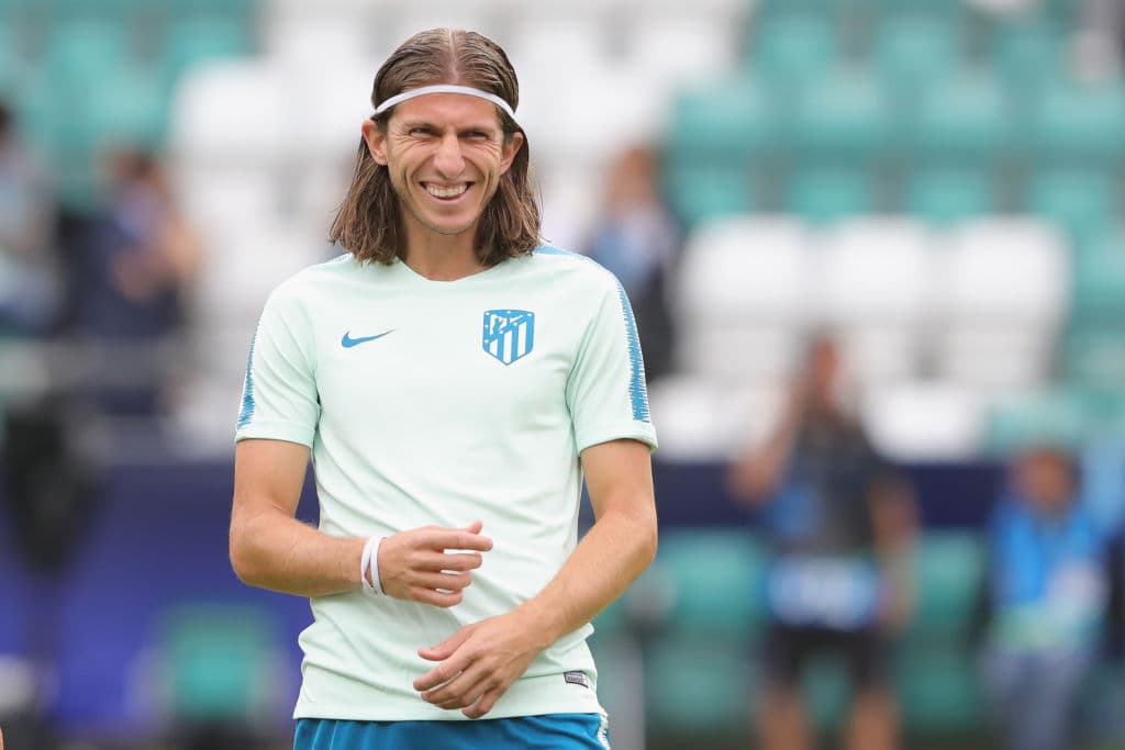 TALLINN, ESTONIA - AUGUST 14: Filipe Luis of Atletico Madrid smiles during a training session ahead of the UEFA Super Cup match against Real Madrid CF at Lillekuela Stadium on August 14, 2018 in Tallinn, Estonia. (Photo by Alexander Hassenstein/Getty Images)
