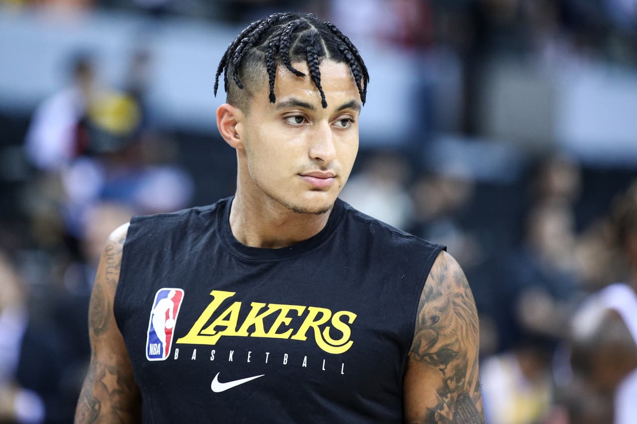 SHENZHEN, CHINA - OCTOBER 12: #0 Kyle Kuzma of the Los Angeles Lakers looks on before the match against the Brooklyn Nets during a preseason game as part of 2019 NBA Global Games China at Shenzhen Universiade Center on October 12, 2019 in Shenzhen, Guangdong, China. (Photo by Zhong Zhi/Getty Images)
