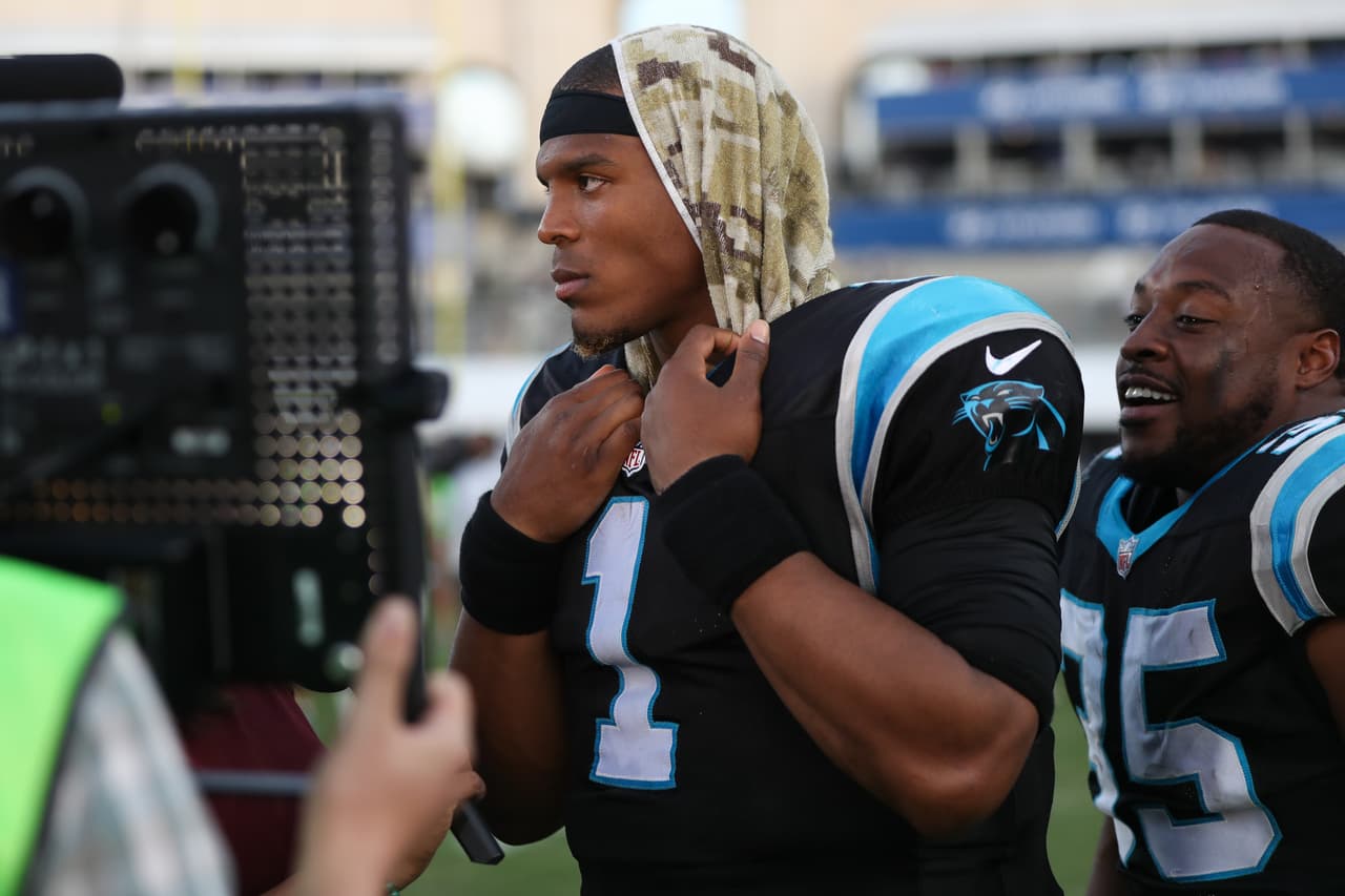 Carolina Panthers quarterback Cam Newton (1) is interviewed during NFL football game against the Los Angeles Rams on Sunday, Nov. 6, 2016 at the Los Angeles Memorial Coliseum in Los Angeles. (Ben Liebenberg via AP)