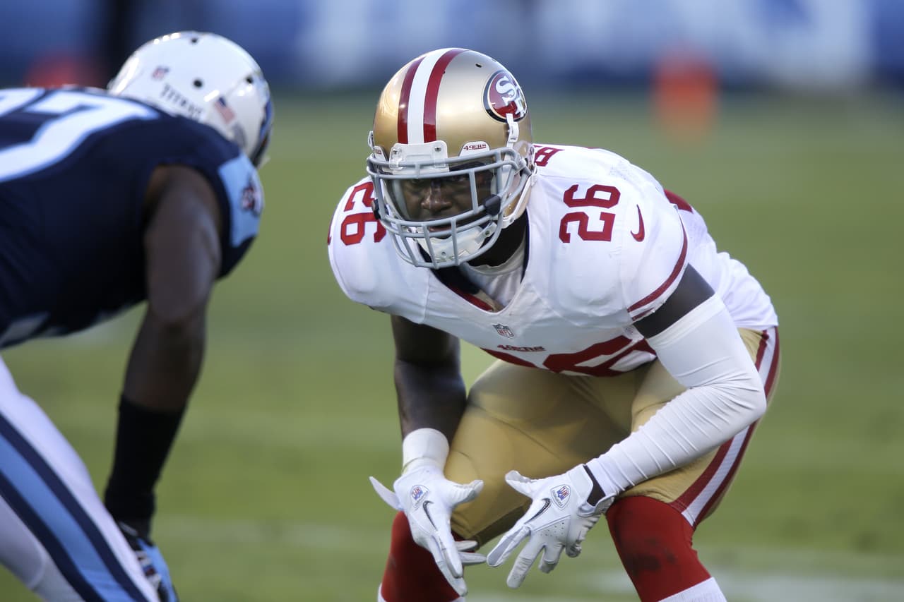 San Francisco 49ers defensive back Tramaine Brock (26) lines up against the Tennessee Titans in the third quarter of an NFL football game on Sunday, Oct. 20, 2013, in Nashville, Tenn. (AP Photo/Wade Payne)