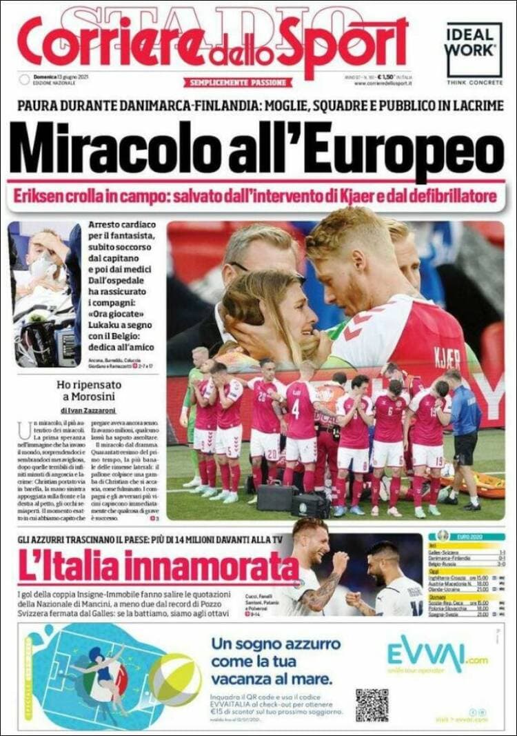 Estas fueron las portadas de la prensa tras el accidente del futbolista Christian Eriksen durante el partido Dinamarca-Finlandia en la Euro 2020.