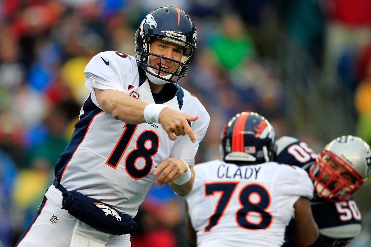 FILE - In this Sunday, Oct. 7, 2012 file photo, Denver Broncos quarterback Peyton Manning (18) follows through on a pass as tackle Ryan Clady (78) blocks New England Patriots defensive end Rob Ninkovich (50) in the first half of an NFL football game in Foxborough, Mass. General manager John Elway promised he'd fix Peyton Manning's pocket of protection this offseason. Blindside protector Ryan Clady is the only member of Denver's remodeled offensive line that returns in 2015 to the same position with the Broncos. (AP Photo/Steven Senne, File)