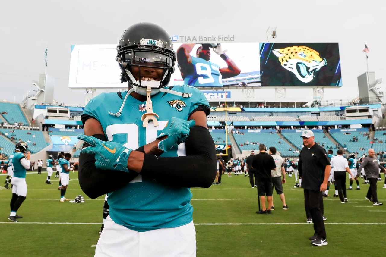 Jacksonville Jaguars cornerback Jalen Ramsey (20) poses for a picture prior to a NFL preseason football game against the New Orleans Saints, Thursday, Aug. 9, 2018, in Jacksonville, Fla. (Logan Bowles via AP)