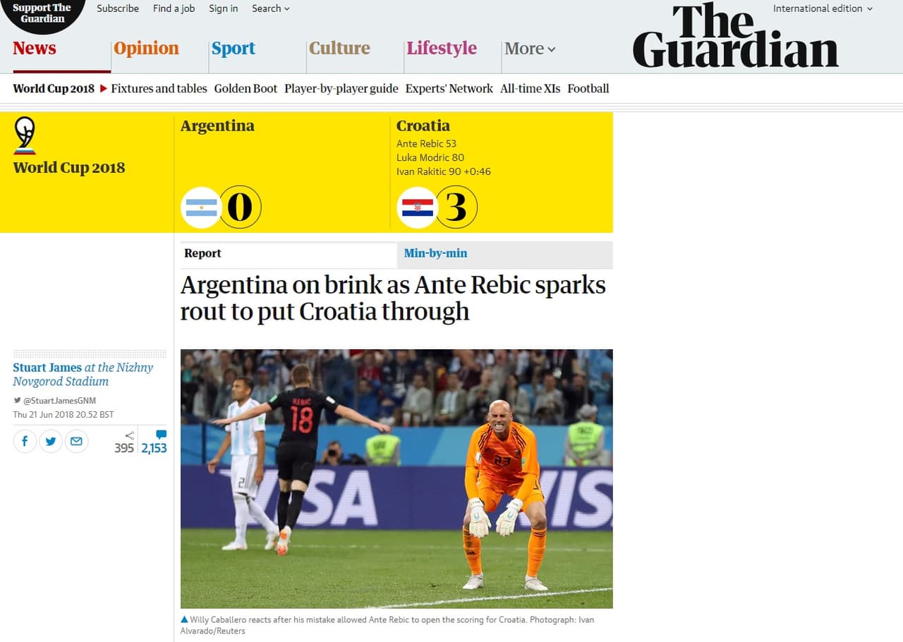 The Guardian (Reino Unido) destacó al delantero Ante Rebic que dejó a la Argentina al borde del abismo, y poner a Croacia en los octavos.