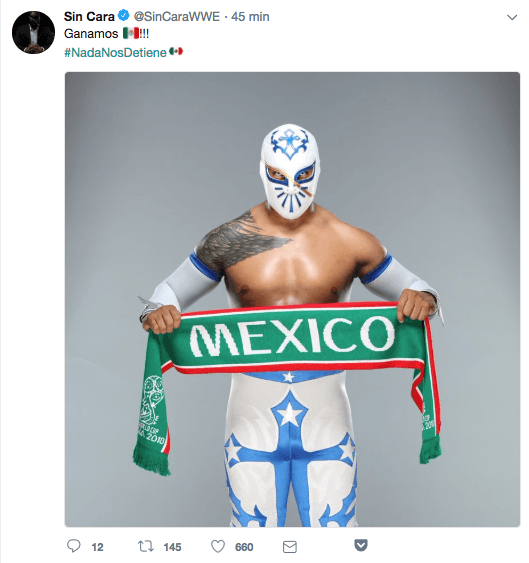 El luchador mexicano de la WWE Sin Cara mostró con orgullo los colores de su corazón tras el 1-0 de México sobre Alemania.