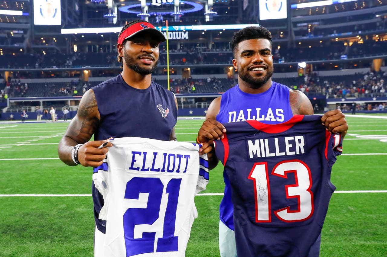 Houston Texans wide receiver Braxton Miller (13) stands with former Ohio State University teammate Eziekel Elliott (21) after a Week 4 preseason NFL football game against the Dallas Cowboys on Thursday Sept. 1, 2016 in Arlington, TX. The Texans beat the Cowboys 28-17. (Matt Patterson via AP)