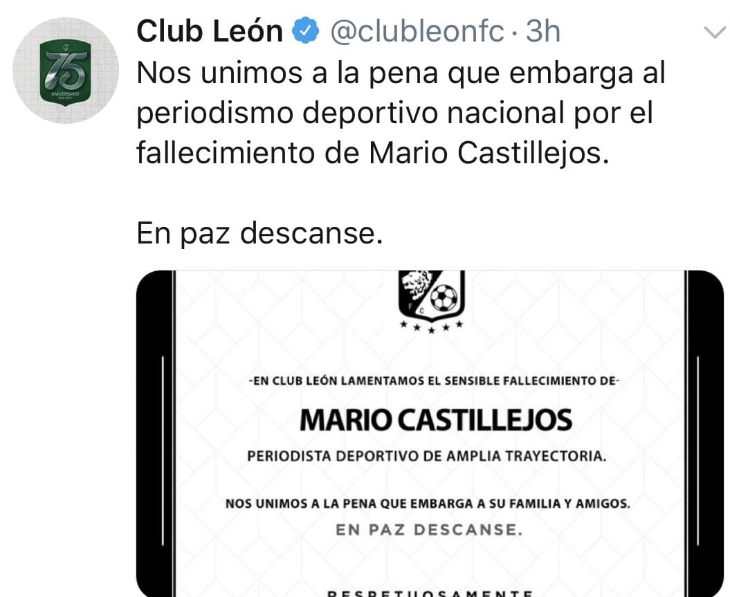 Los clubes de la Liga MX, se unieron para darle el pésame a la familia de Mario Castillejos, quién falleció este miércoles 18 de septiembre.