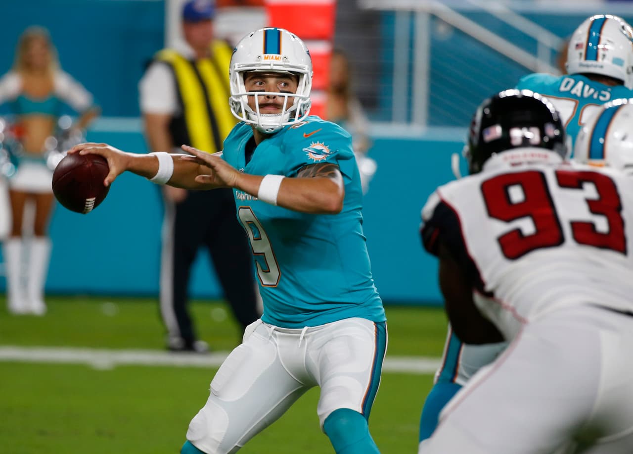 Miami Dolphins quarterback David Fales (9) looks to pass, during the second half of an NFL preseason football game against the Atlanta Falcons, Thursday, Aug. 10, 2017, in Miami Gardens, Fla. (AP Photo/Wilfredo Lee)