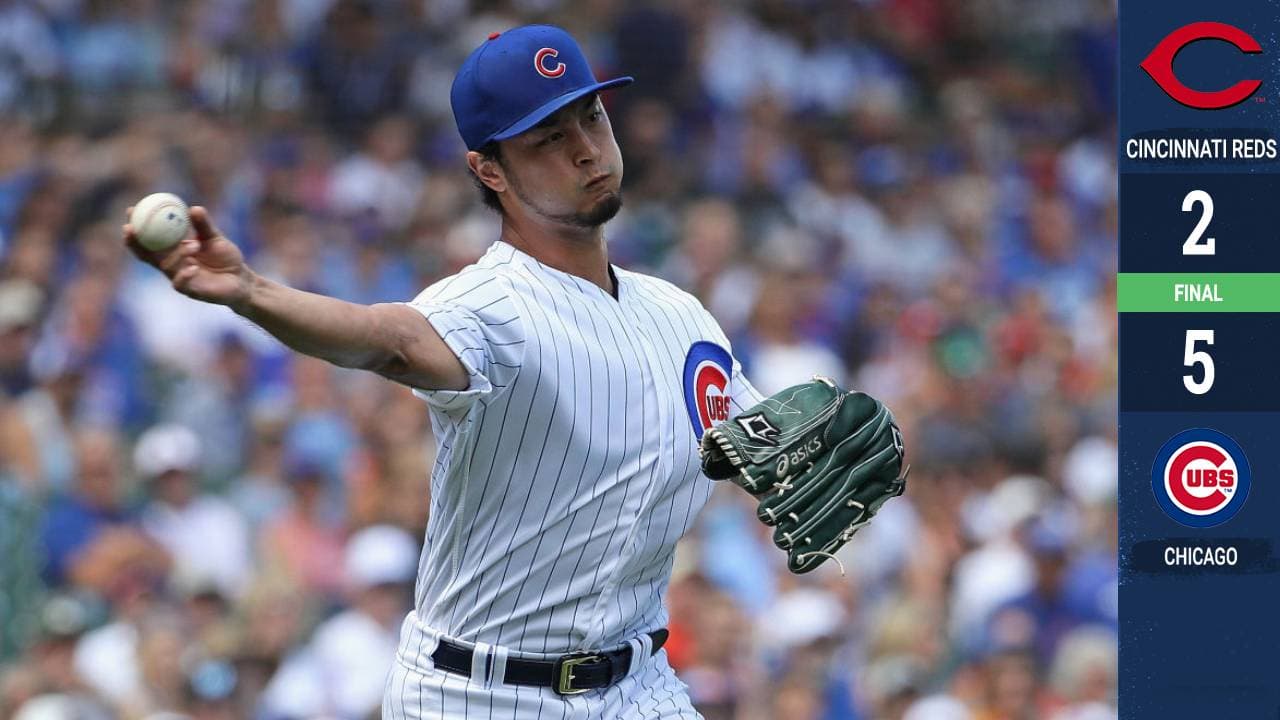 Yu Darvish lanzó pelota de dos hits a lo largo de seis innings en blanco para conseguir su primera victoria en el Wrigley Field, al conducir a los Chicago Cubs a superar el miércoles 5-2 a los Cincinnati Reds.