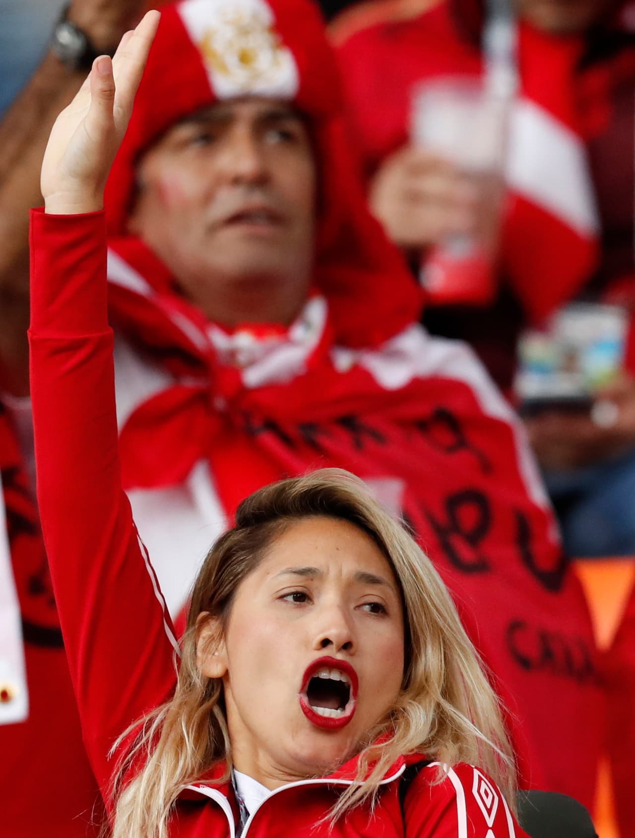 Ekaterinburg (Russian Federation), 21/06/2018.- Supporters of Peru before the FIFA World Cup 2018 group C preliminary round soccer match between France and Peru in Ekaterinburg, Russia, 21 June 2018. (RESTRICTIONS APPLY: Editorial Use Only, not used in association with any commercial entity - Images must not be used in any form of alert service or push service of any kind including via mobile alert services, downloads to mobile devices or MMS messaging - Images must appear as still images and must not emulate match action video footage - No alteration is made to, and no text or image is superimposed over, any published image which: (a) intentionally obscures or removes a sponsor identification image; or (b) adds or overlays the commercial identification of any third party which is not officially associated with the FIFA World Cup) (Mundial de Fútbol, Rusia, Francia) EFE/EPA/ATEF SAFADI EDITORIAL USE ONLY