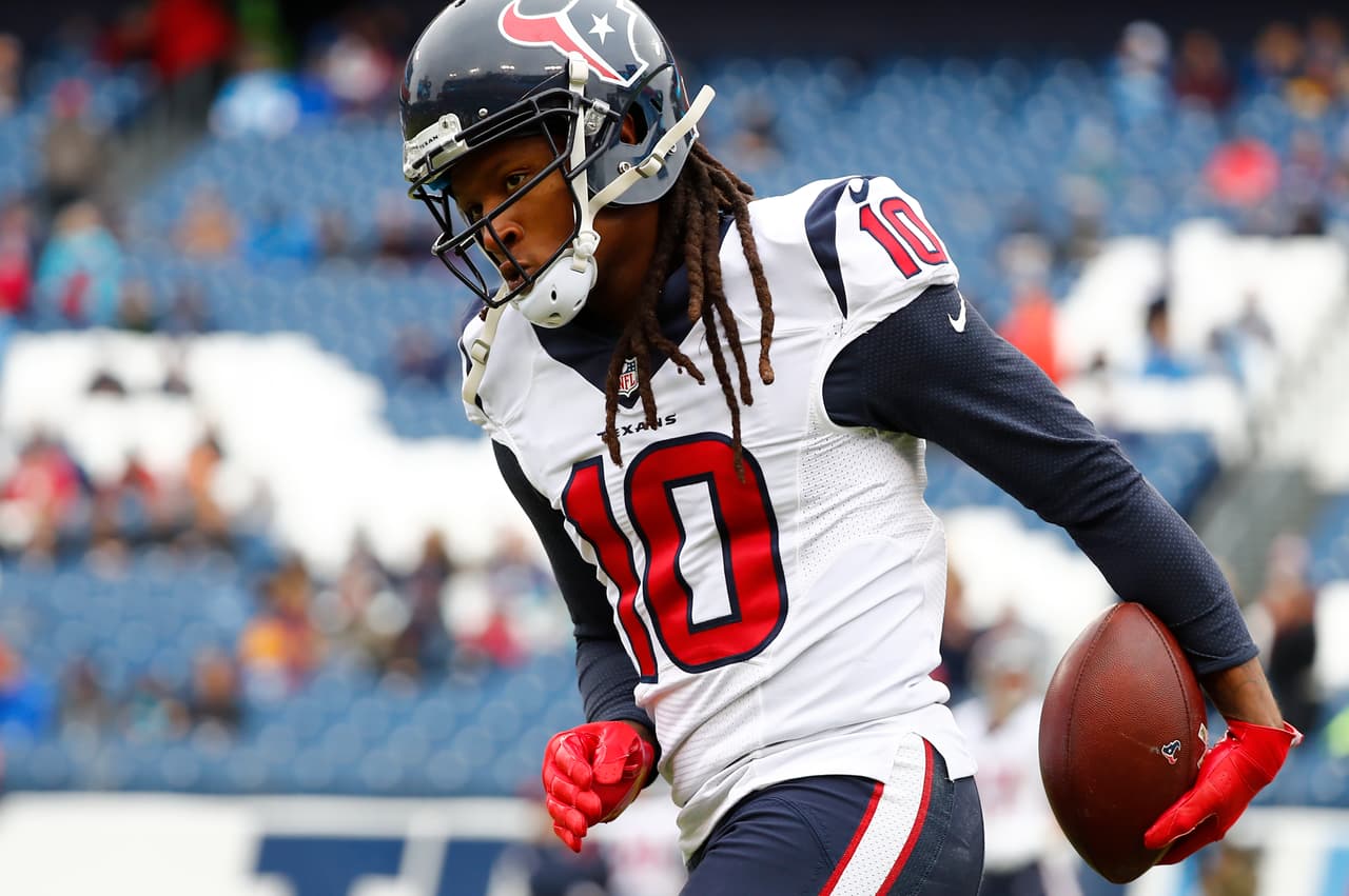 Houston Texans wide receiver DeAndre Hopkins (10) during pre game before a week 17 NFL football game against the Tennessee Titans on Sunday, Jan. 1, 2017 in Nashville, Tenn. The Titans beat the Texans 24-17. (Matt Patterson via AP)