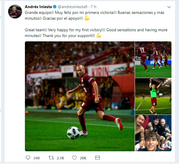 Así reaccionó Iniesta en las redes sociales luego del triunfo en su primer partido como titular con el Vissel Kobe.