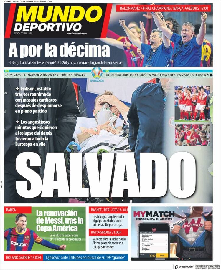 Estas fueron las portadas de la prensa tras el accidente del futbolista Christian Eriksen durante el partido Dinamarca-Finlandia en la Euro 2020.