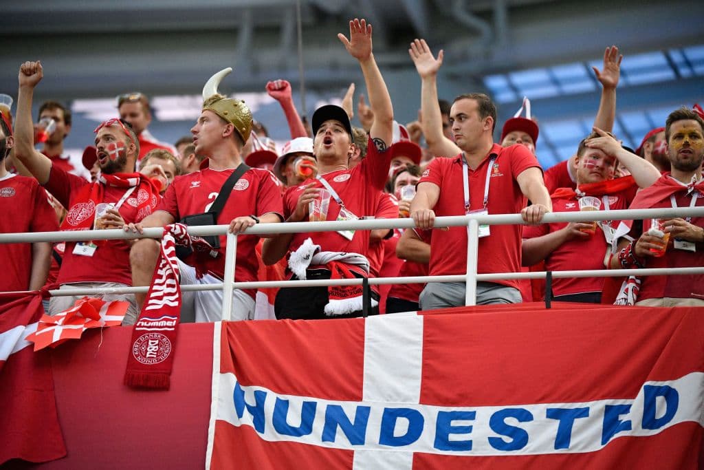 Denmark fans cheer before the Russia 2018 World Cup round of 16 football match between Croatia and Denmark at the Nizhny Novgorod Stadium in Nizhny Novgorod on July 1, 2018. (Photo by Alexander NEMENOV / AFP) / RESTRICTED TO EDITORIAL USE - NO MOBILE PUSH ALERTS/DOWNLOADS (Photo credit should read ALEXANDER NEMENOV/AFP/Getty Images)