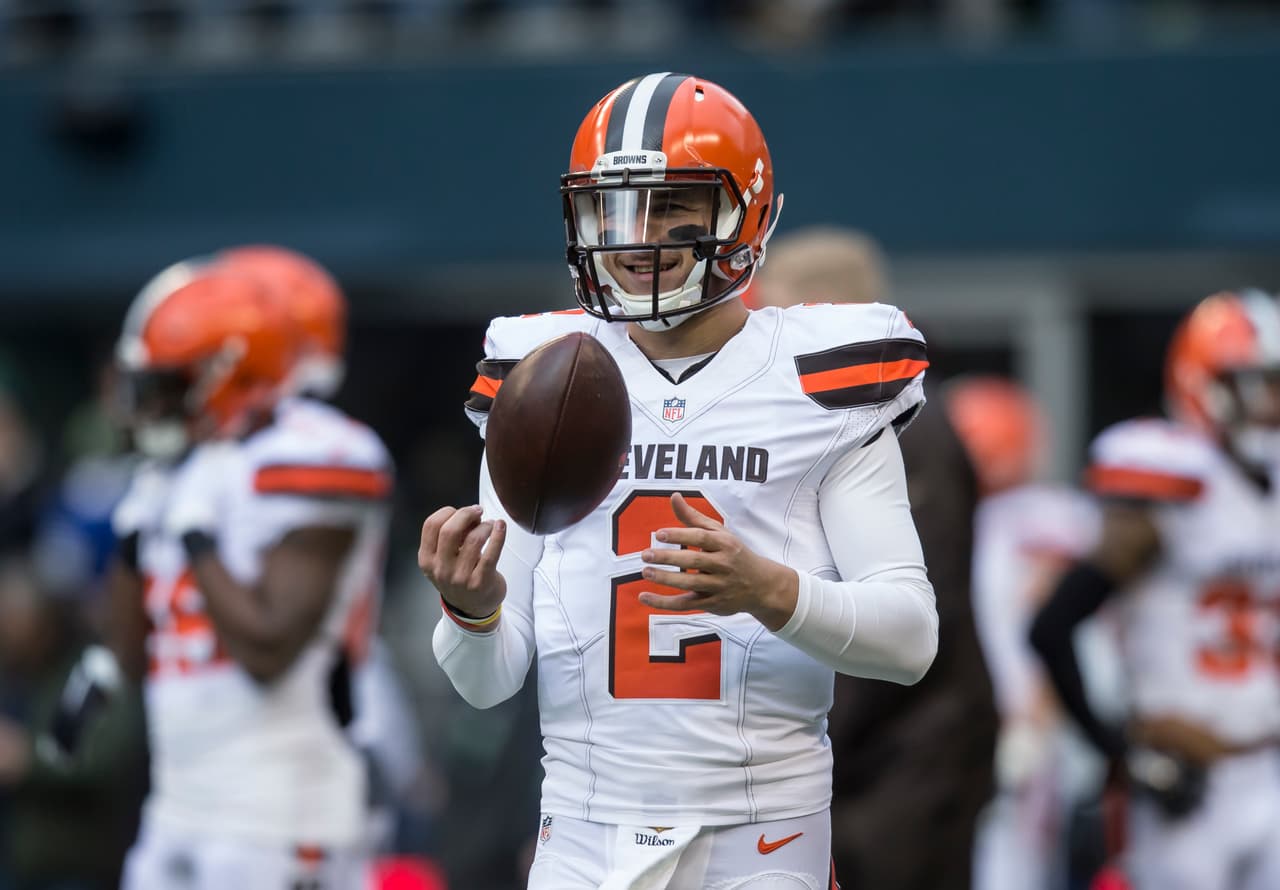 SEATTLE, WA - DECEMBER 20: Quarterback Johnny Manziel #2 tosses a football during warmups before a football game against the Seattle Seahawks at CenturyLink Field on December 20, 2015 in Seattle, Washington. The Seahawks won the game 30-13. (Photo by Stephen Brashear/Getty Images)