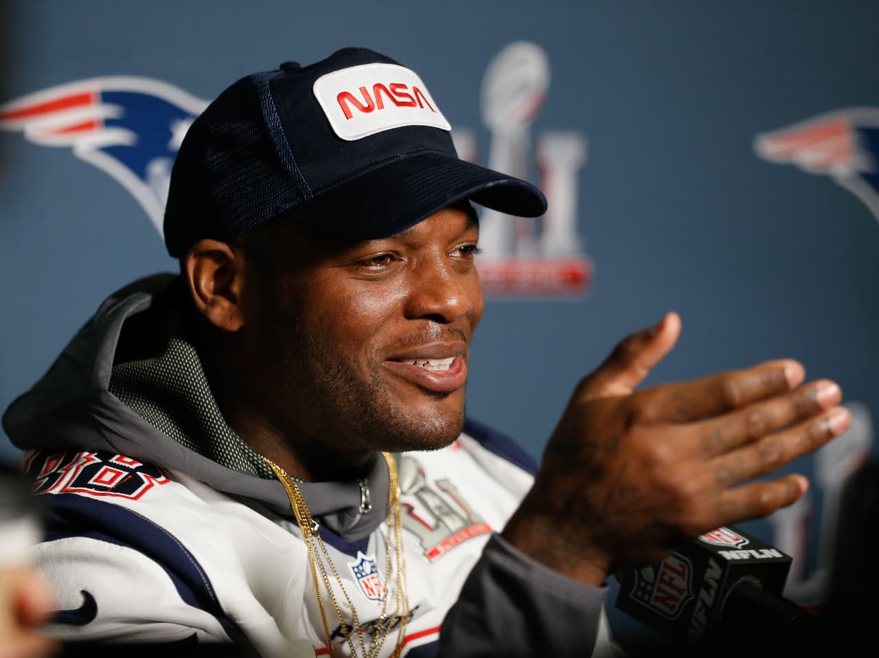 HOUSTON, TX - FEBRUARY 01: Martellus Bennett #88 of the New England Patriots answers questions during Super Bowl LI media availability at the J.W. Marriott on February 1, 2017 in Houston, Texas. (Photo by Bob Levey/Getty Images)