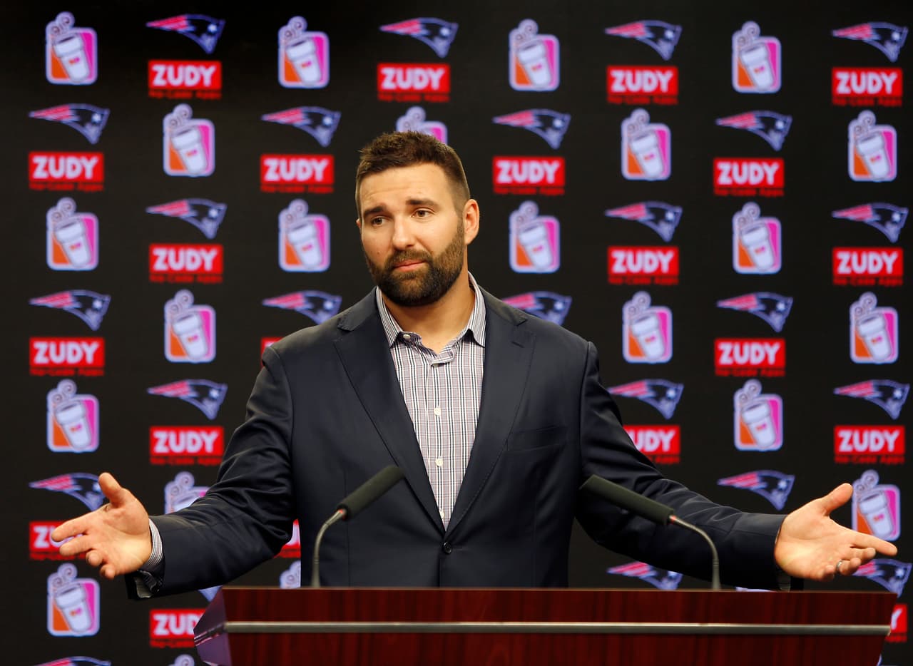 New England Patriots player Rob Ninkovich speaks to the media as he announces his retirement, Sunday, July 30, 2017, at Gillette Stadium in Foxborough, Mass. (AP Photo/Mary Schwalm)