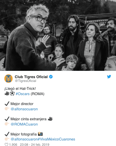 Clubes de la Liga MX, la Selección Mexicana, la Liga Mexicana de Béisbol y hasta el club Roma de Italia enviaron sus felicitaciones al filme Roma y a Alfonso Cuarón por su éxito en los Premios Oscar en 2019.