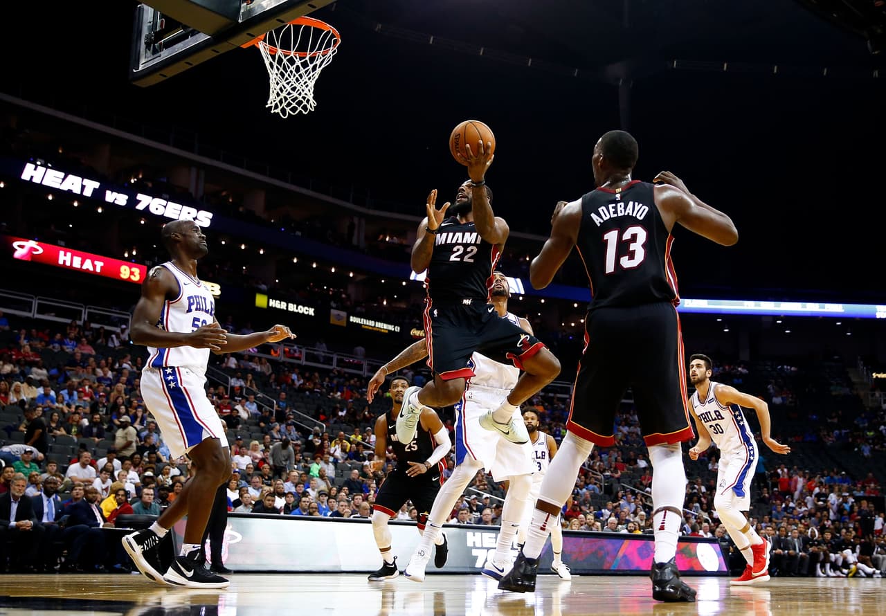 KANSAS CITY, MO - OCTOBER 13: Erik McCree #22 of the Miami Heat shoots during the game against the Philadelphia 76ers at Sprint Center on October 13, 2017 in Kansas City, Missouri. (Photo by Jamie Squire/Getty Images)