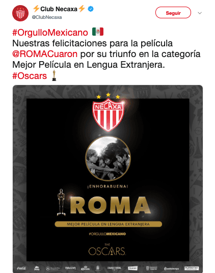 Clubes de la Liga MX, la Selección Mexicana, la Liga Mexicana de Béisbol y hasta el club Roma de Italia enviaron sus felicitaciones al filme Roma y a Alfonso Cuarón por su éxito en los Premios Oscar en 2019.