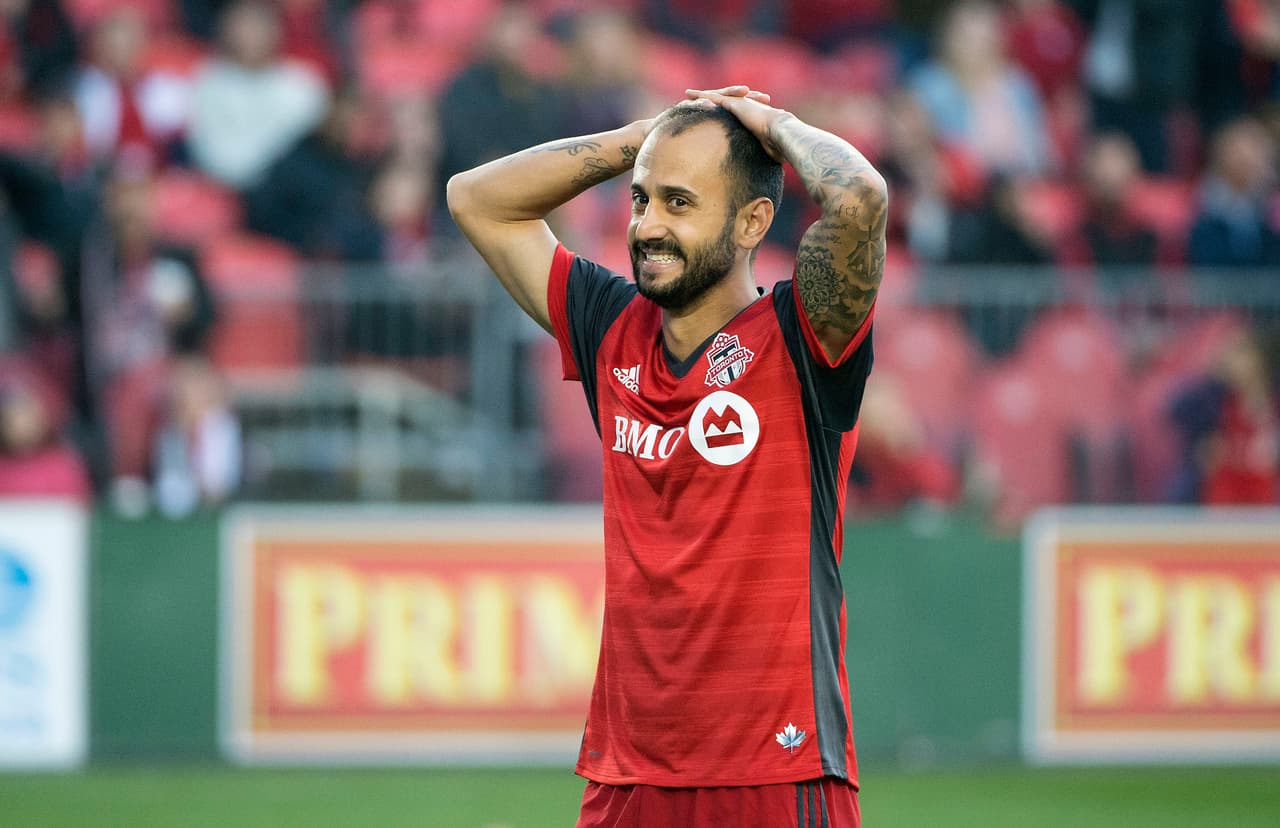 Oct 6, 2018; Toronto, Ontario, CAN; Toronto FC midfielder Victor Vazquez (7) reacts during the second half against the Vancouver Whitecaps at BMO Field. Mandatory Credit: Nick Turchiaro-USA TODAY Sports