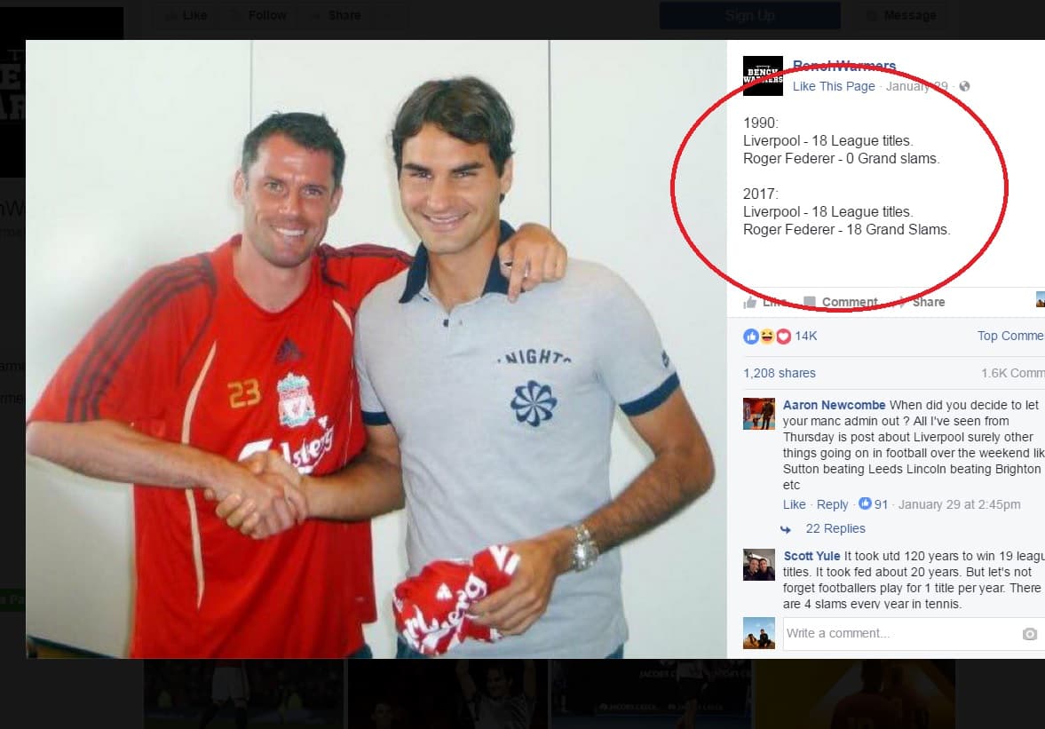 1990: Liverpool - 18 títulos de liga Roger Federer - 0 títulos de Grand Slam 2017: Liverpool -18 títulos de liga Roger Federer - 18 títulos de Grand Slam