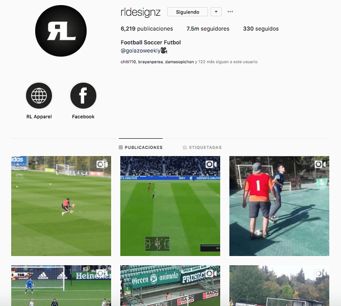 7. RL Desingz (@rldesingz) - se han encargado de recopilar diariamente jugadas y goles impresionantes del fútbol al rededor del mundo. De hecho, cuentan con un perfil alterno que se llama Golazo Weekly enfocado únicamente en anotaciones. Superan los 7 millones de seguidores.