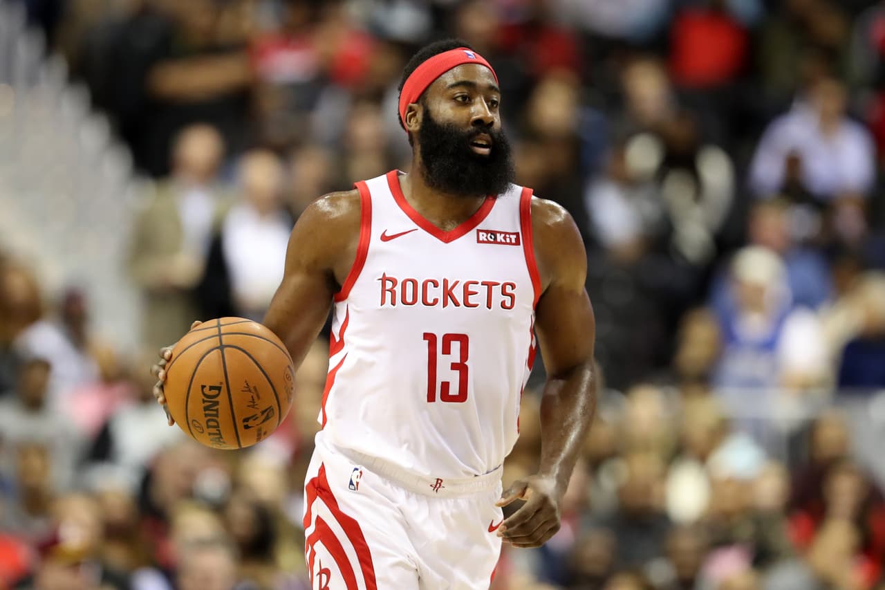 WASHINGTON, DC - NOVEMBER 26: James Harden #13 of the Houston Rockets dribbles the ball against the Washington Wizards in the first half at Capital One Arena on November 26, 2018 in Washington, DC. NOTE TO USER: User expressly acknowledges and agrees that, by downloading and or using this photograph, User is consenting to the terms and conditions of the Getty Images License Agreement. (Photo by Rob Carr/Getty Images)