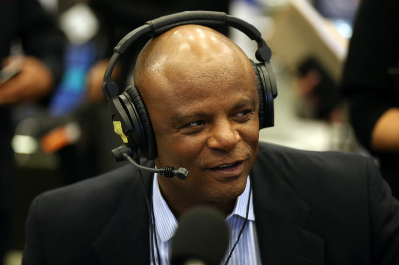 Former Houston Oilers quarterback Warren Moon is interviewed on Radio Row at the Super Bowl 50 Media Center on Wednesday, Feb. 3, 2016 in San Francisco, Calif. (Perry Knotts via AP)