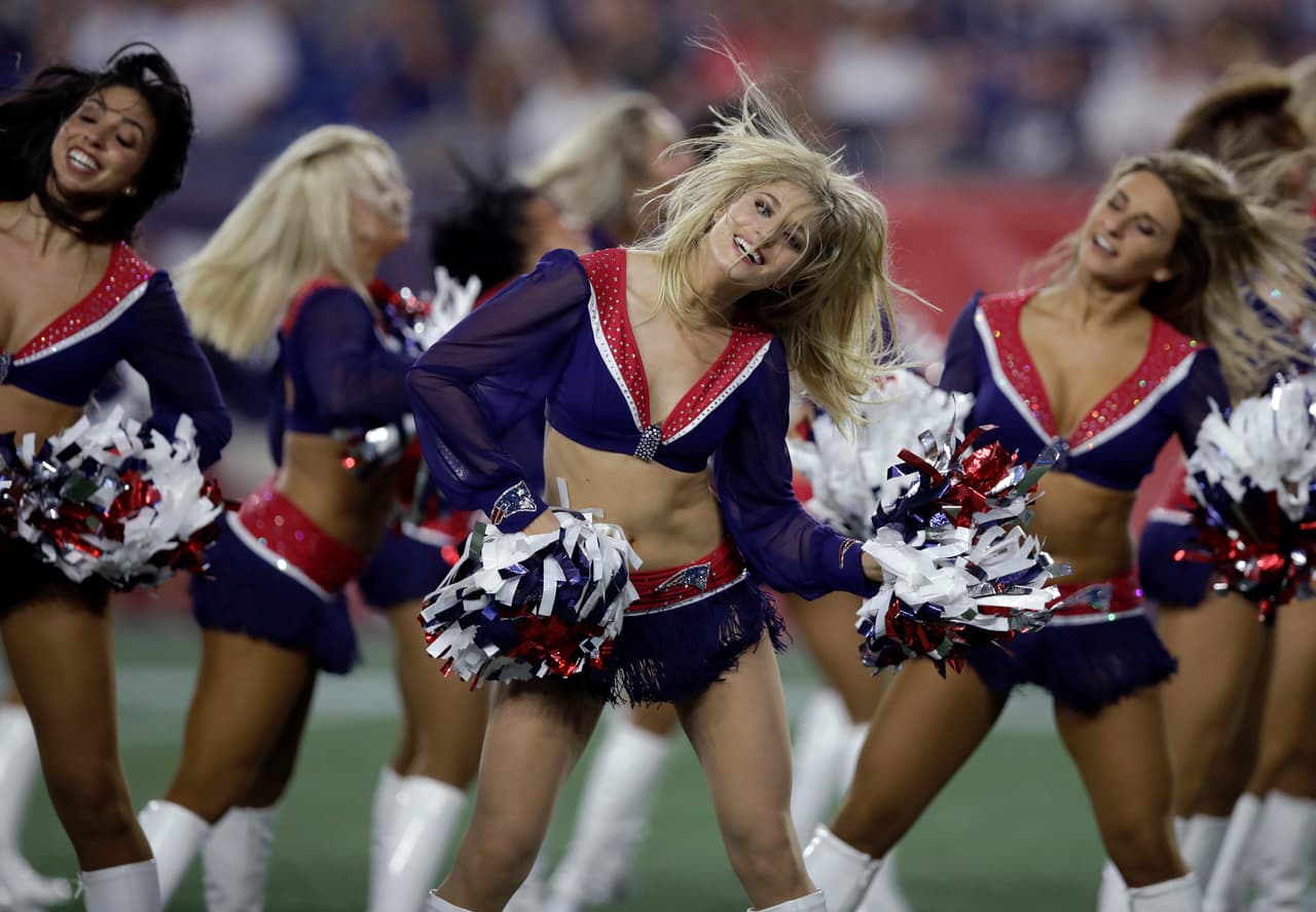 New England Patriots cheerleaders perform during the first half of a preseason NFL football game between the Patriots and the Philadelphia Eagles, Thursday, Aug. 16, 2018, in Foxborough, Mass. (AP Photo/Charles Krupa)