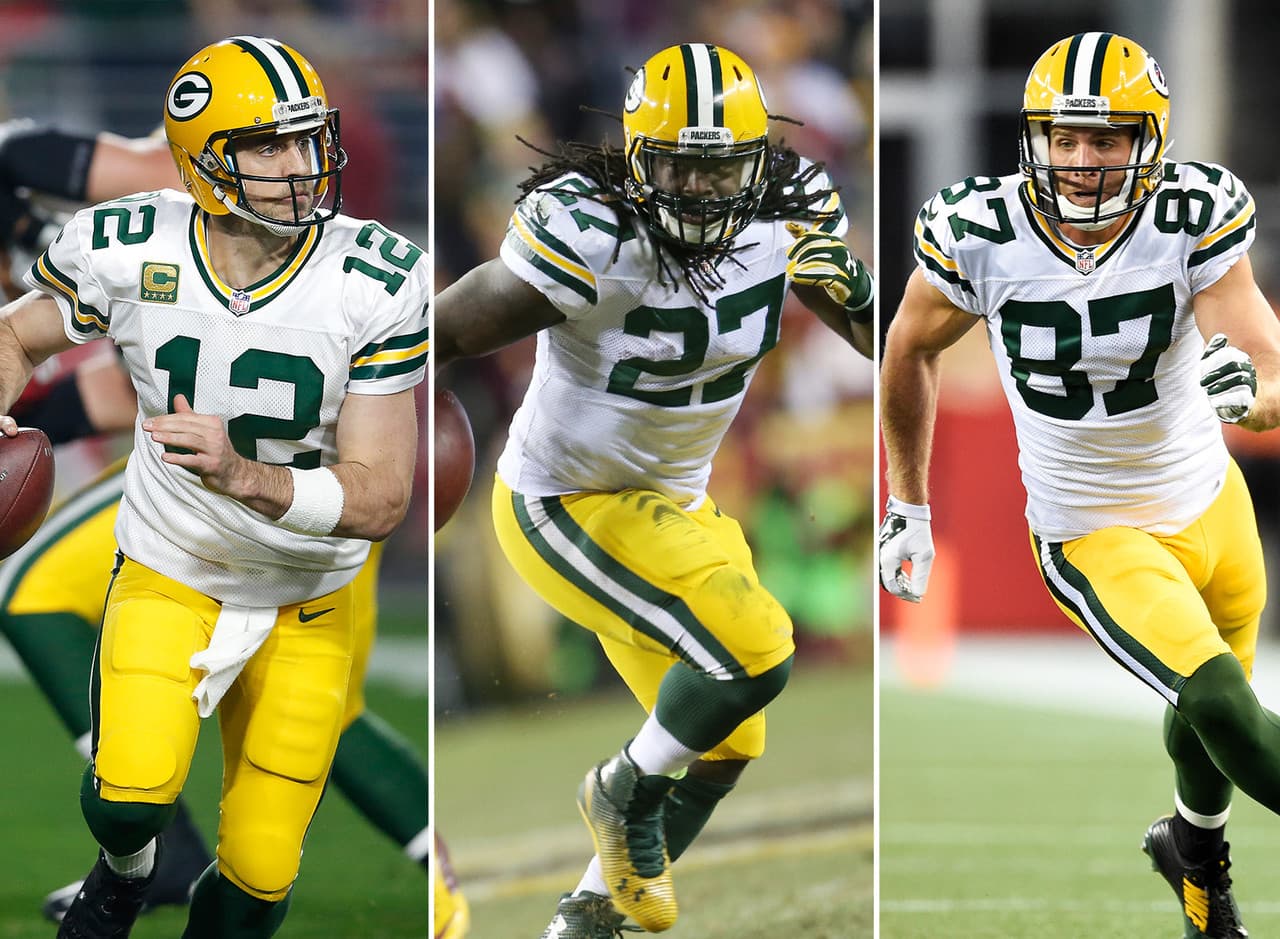 <b>2) GREEN BAY PACKERS: QB Aaron Rodgers – RB Eddie Lacy – WR Jordy Nelson</b>
<br>Aaron Rodgers dijo que la ausencia de Jordy Nelson afectó el Plan de juego de los Packers en 2015 y no hubo quien lo sustituyera. Vuelven a estar juntos y eso transforma a Green Bay en una potencia ofensiva. El corredor Eddie Lacy tiene el compromiso de presentarse al campo de juego bajo de peso, con potencial de superar las 1,000 yardas en 2016.