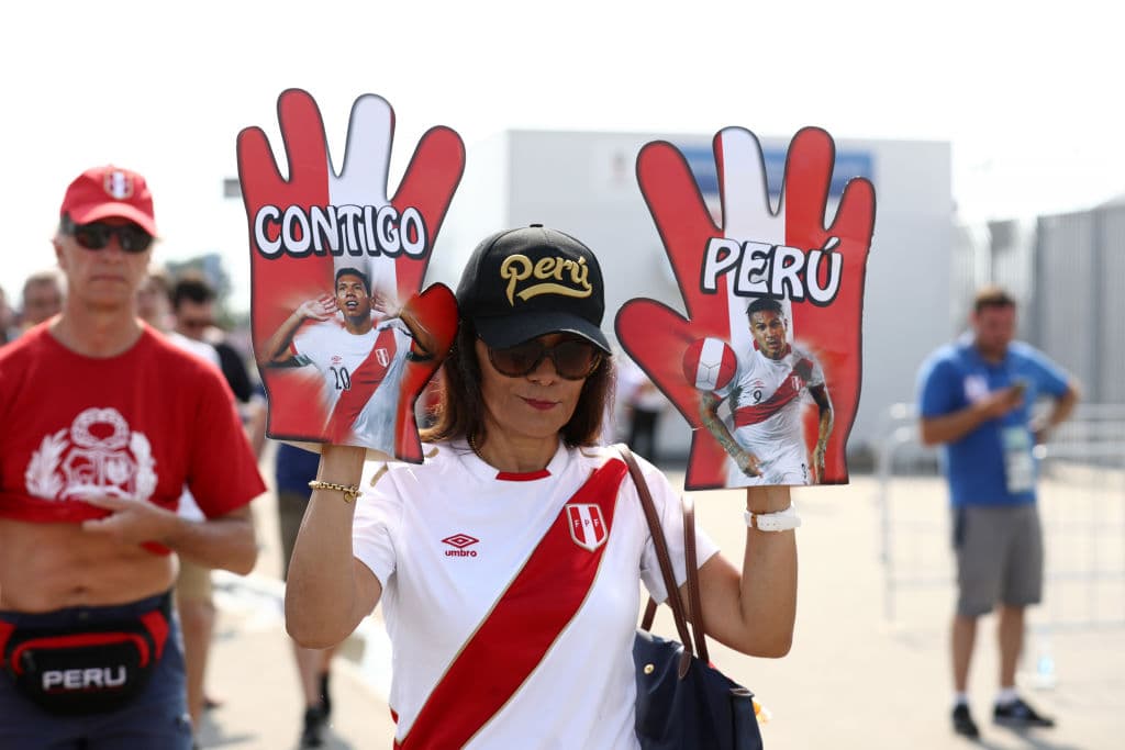 SOCHI, RUSSIA - JUNE 26: Peru fans enjoy the pre match atmosphere prior to the 2018 FIFA World Cup Russia group C match between Australia and Peru at Fisht Stadium on June 26, 2018 in Sochi, Russia. (Photo by Robert Cianflone/Getty Images)