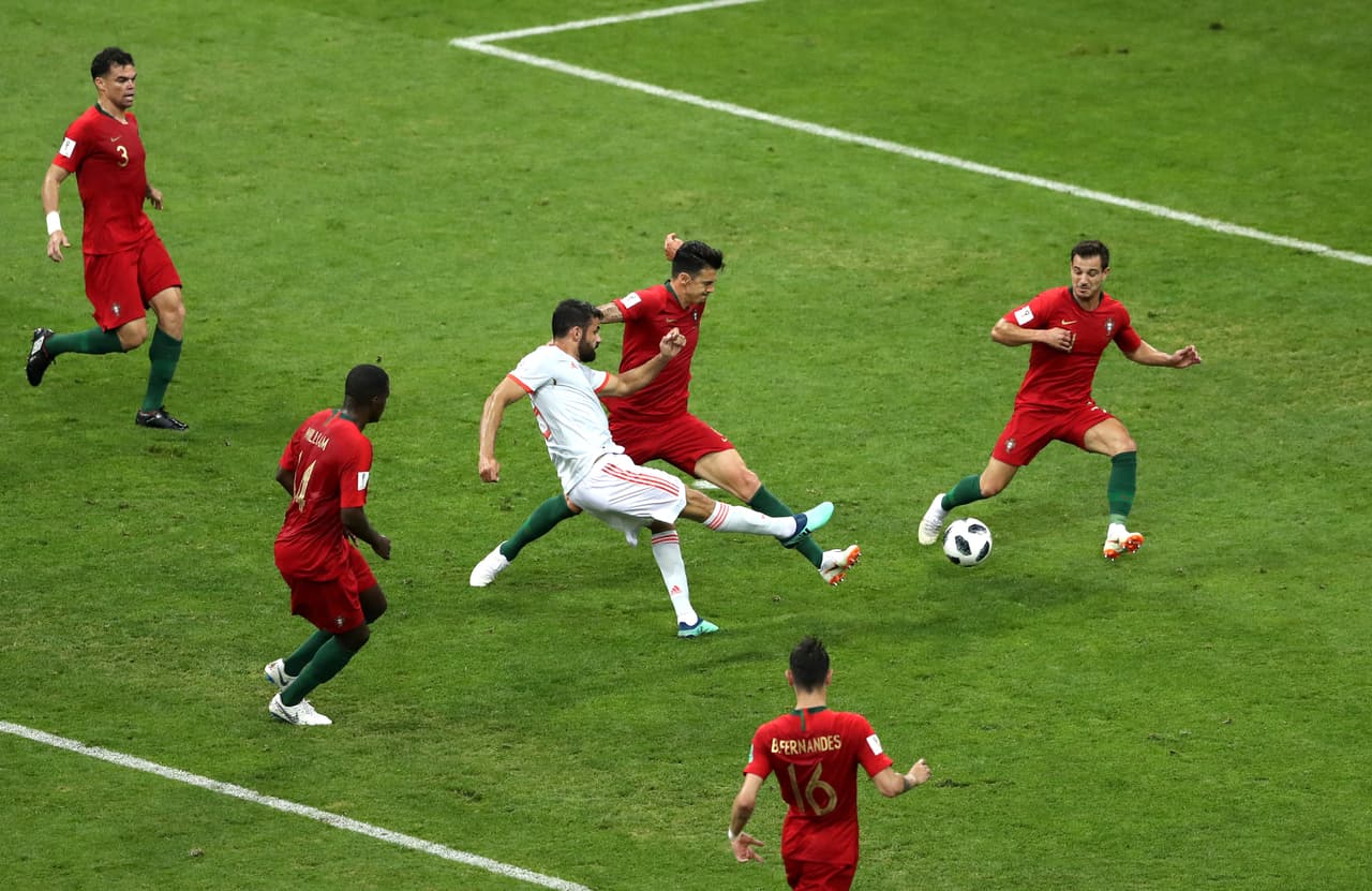 SOCHI, RUSSIA - JUNE 15: Diego Costa of Spain scores the equalising goal to make the score 1-1 during the 2018 FIFA World Cup Russia group B match between Portugal and Spain at Fisht Stadium on June 15, 2018 in Sochi, Russia. (Photo by Michael Steele/Getty Images)