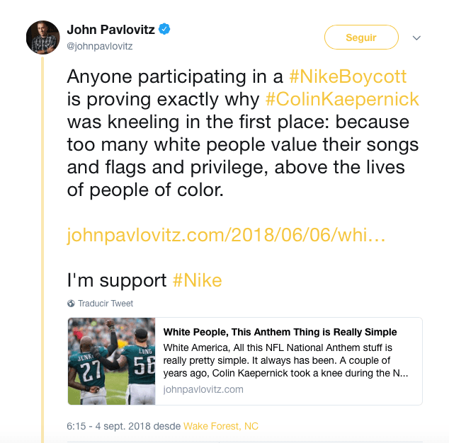 "Cualquiera que participe en el #NikeBoicot está provando exactamente porqué Colin Kaepernick se arrodilló ante el himno por primera vez: porque muchas personas blancas valoran más su bandera, sus canciones y sus privilegios por encima de la vida de las personas negras"